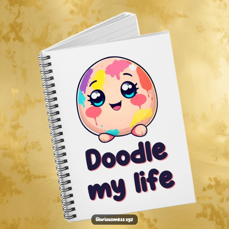 Funny notebook cover featuring a cheerful, wide-eyed blob character entirely covered in colorful paint, perfect for artists and students.