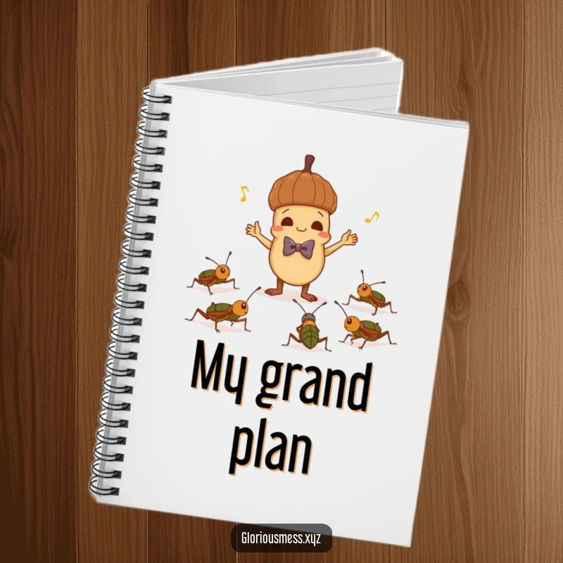 Funny notebook with a mischievous acorn in a bowtie conducting crickets, perfect for jotting down notes with a humorous vibe.