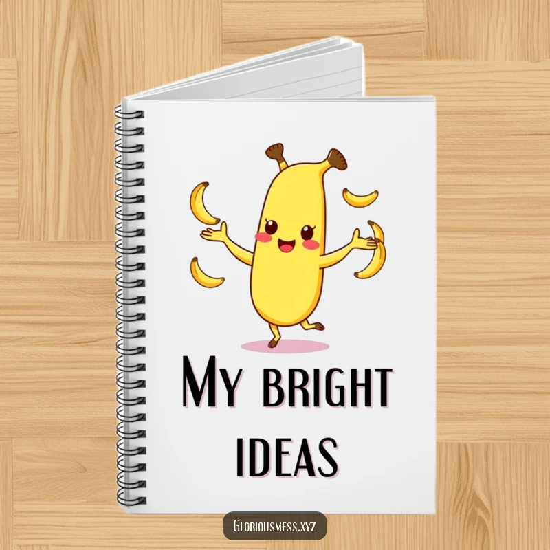 Funny notebook featuring a happy, dancing banana character juggling smaller bananas, ideal for jotting down fun ideas, an excellent funny gift.