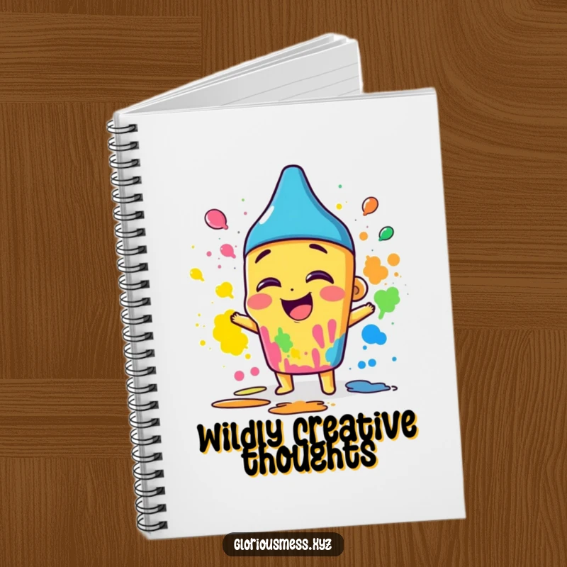 Funny notebook cover with a giggling crayon character joyfully smearing colorful paint, encouraging creative thoughts and artistic expression.