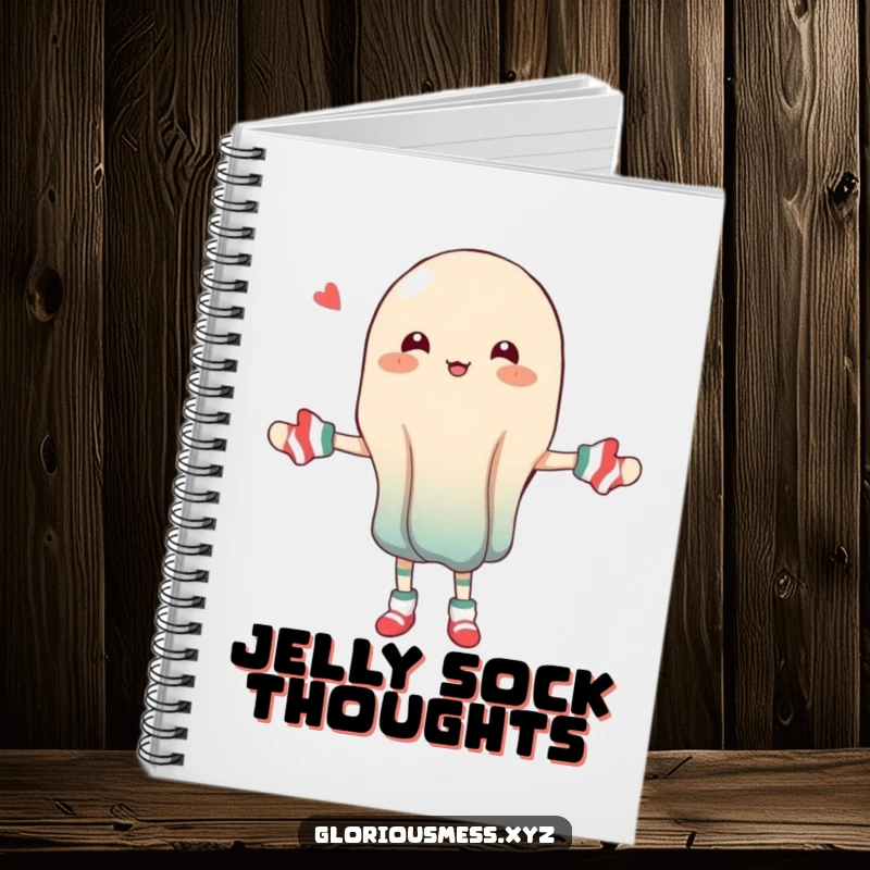 Funny notebook cover with a wobbly jelly character hilariously juggling mismatched socks.