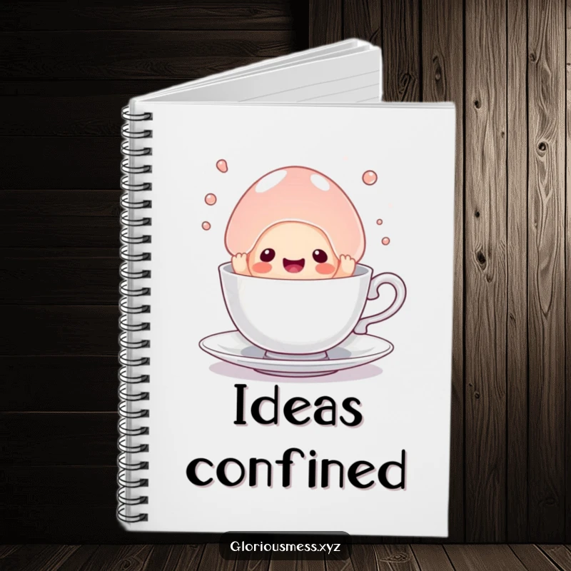 Funny notebook with a sentient jelly blob hilariously struggling in a teacup, perfect for jotting down notes with a humorous vibe.