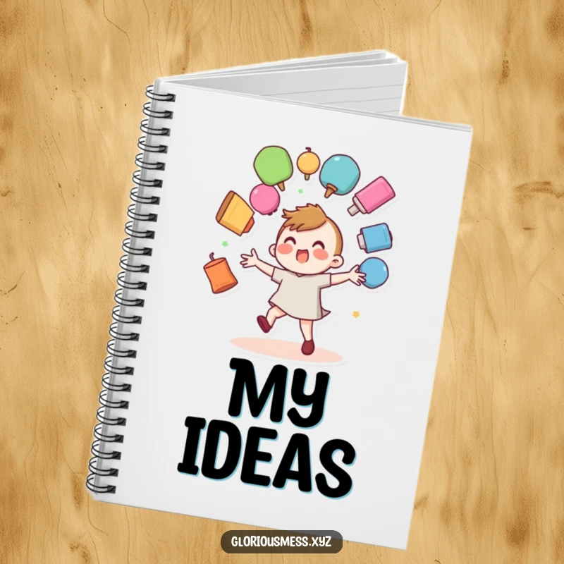 Funny notebook featuring a wobbly character juggling colorful objects that are about to fall.
