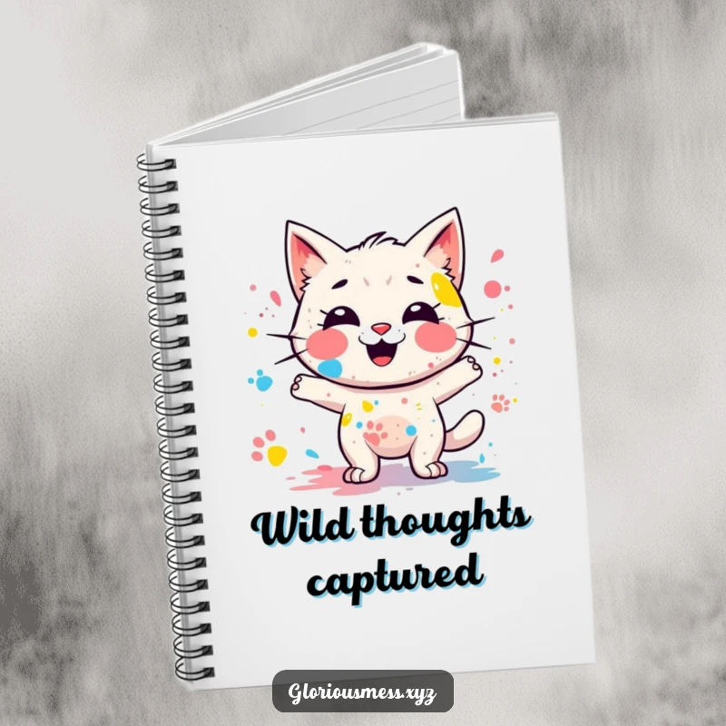 Funny notebook featuring a giggling, messy paint splatter character leaving colorful paw prints, ideal for creative ideas, an excellent funny gift.