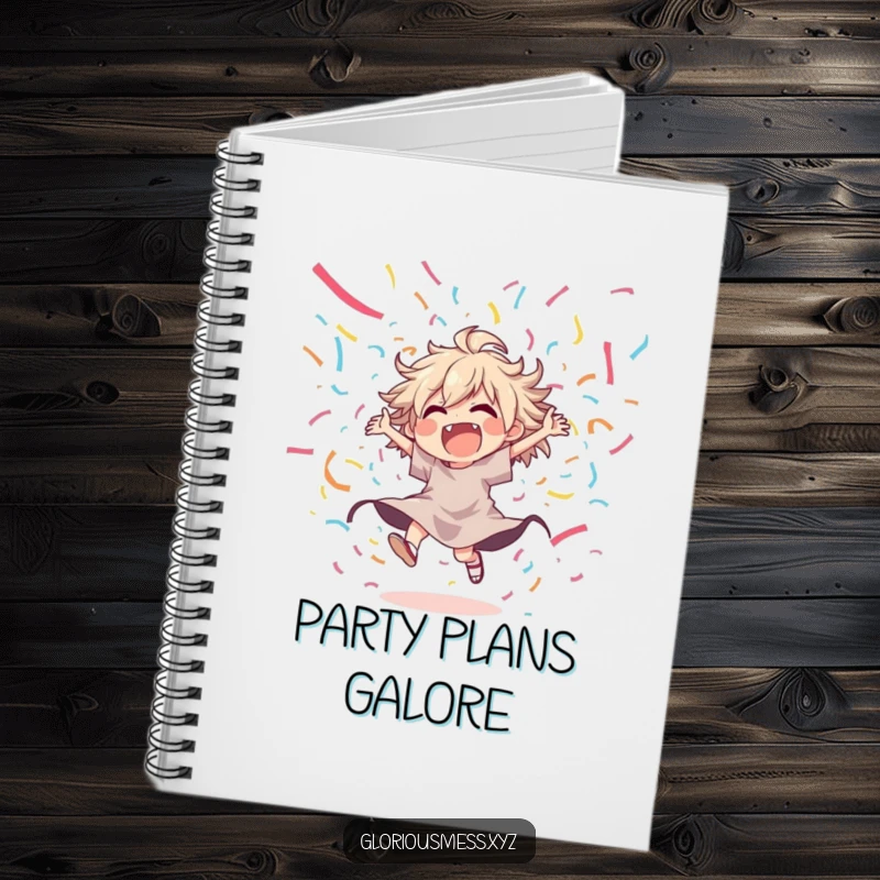 Funny notebook cover with a joyful, disheveled character dancing wildly amidst a cascade of colorful streamers, perfect for party planners.
