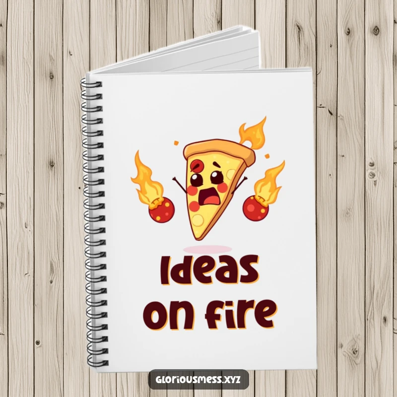 Funny notebook with a startled pizza slice juggling flaming meatballs, ideal for jotting down notes with a humorous and energetic vibe.