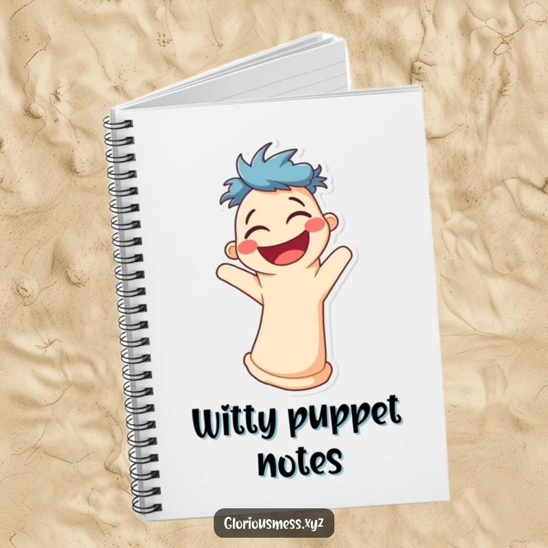 Funny notebook cover with a smiling sock puppet character wiggling uncontrollably with laughter.