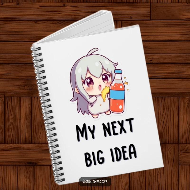 Funny notebook cover with a character looking shocked at an exploding soda bottle, ideal for capturing hilarious notes and ideas with a bubbly theme.