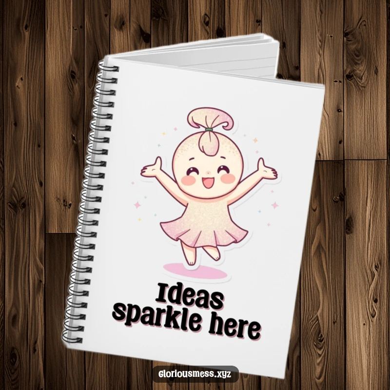 Funny Notebook: Happy character covered in glitter spinning with arms outstretched, a funny gift for note-takers.