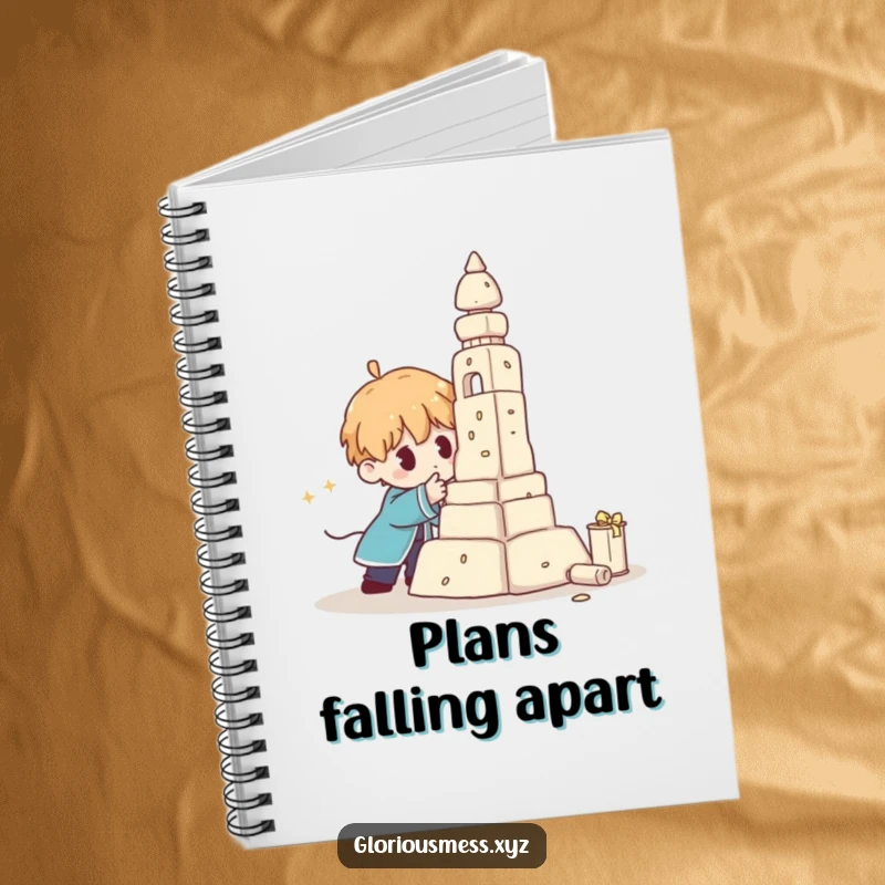 Funny Notebook with a character overseeing a collapsing sculpture, ideal for journaling creative thoughts and humorous failures.