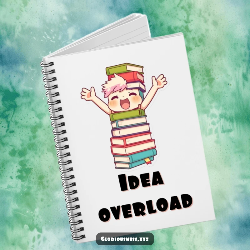 Funny notebook cover with a character flailing their arms to balance a towering stack of books, ideal for capturing literary thoughts with humor.