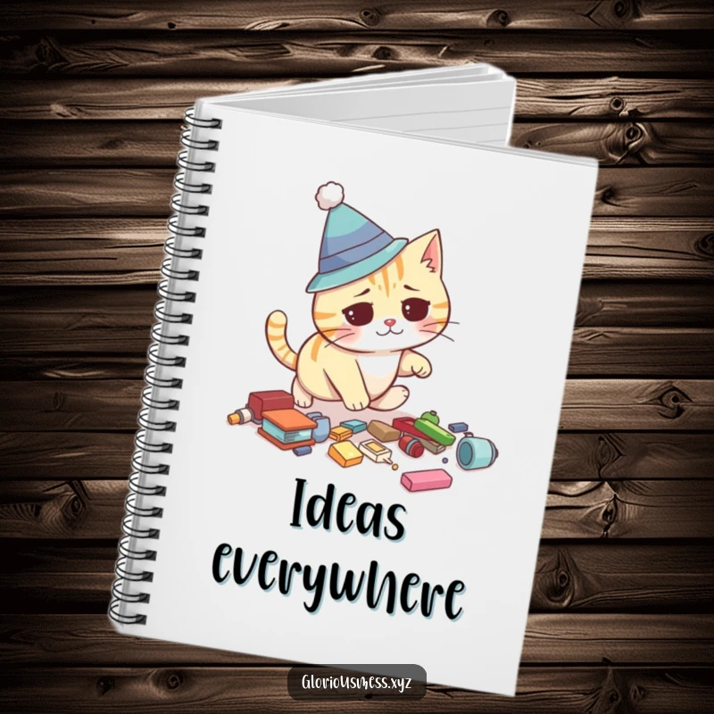 Funny notebook cover featuring a confused cat wearing a silly hat, tripping over scattered items, perfect for students and writers.
