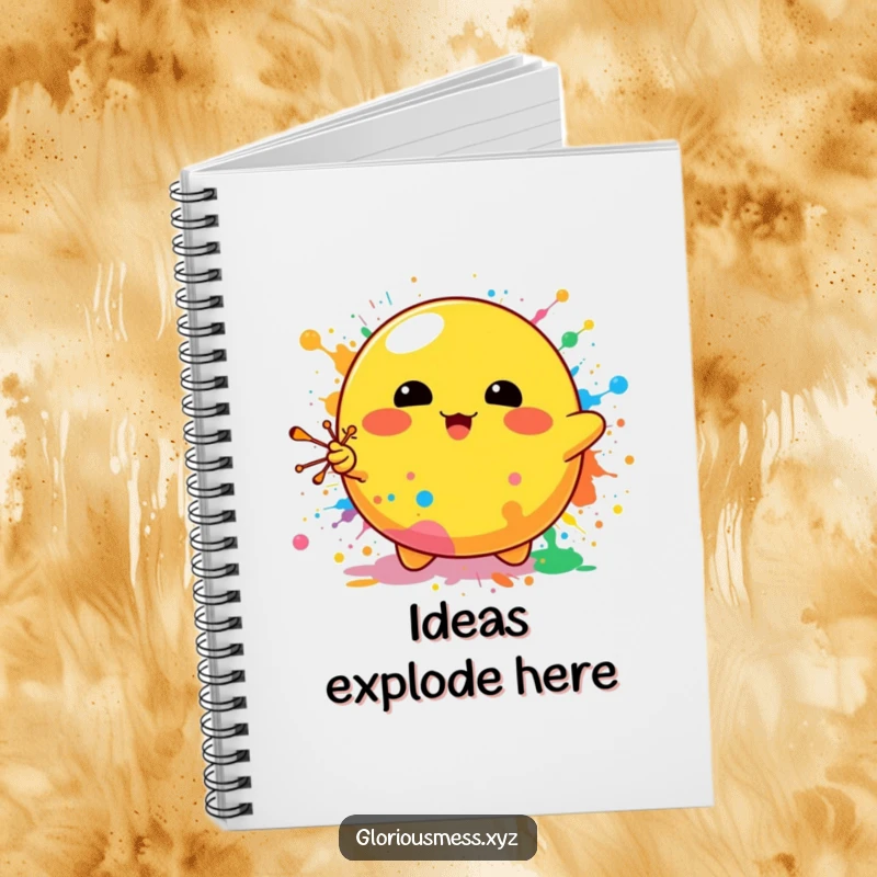 Funny notebook with a bright yellow blob character energetically splattering colorful paint, ideal for jotting down creative ideas and notes.