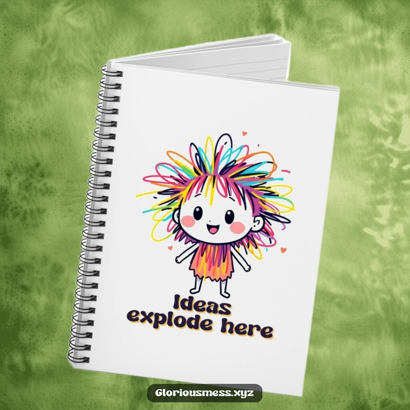 Funny scribble character bursting with colorful energy, a spiral notebook with artistic and humorous cover design for capturing ideas.