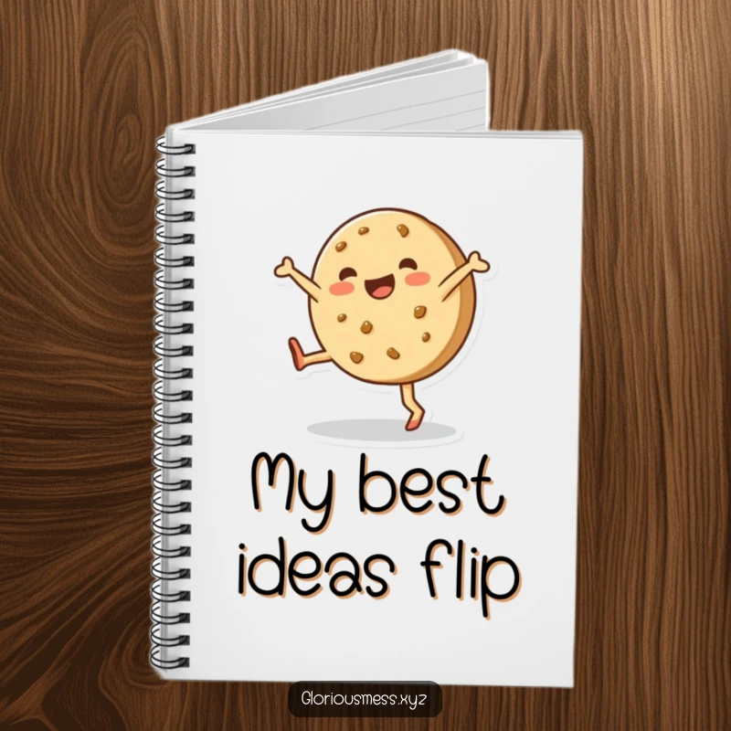 Funny notebook cover with a happy, lopsided cookie joyfully performing a cartwheel, encouraging sweet thoughts and fun.