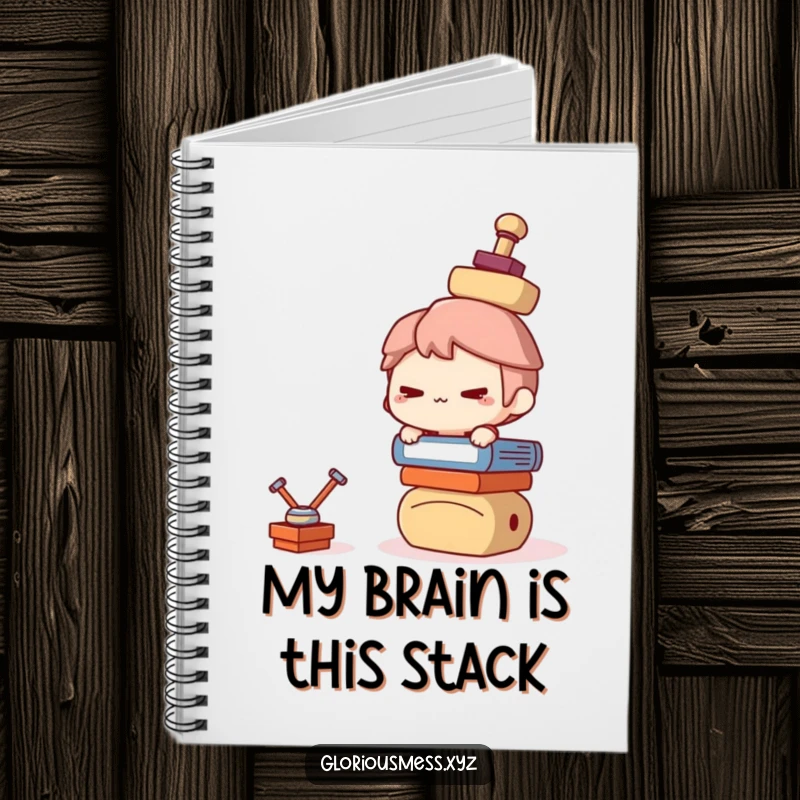Funny Notebook: Mischievous character balancing a stack of books and papers, a funny gift for note-takers.
