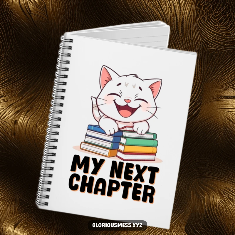 Funny notebook with a mischievous cat tripping over books, ideal for jotting down notes, stories, or literary ideas.