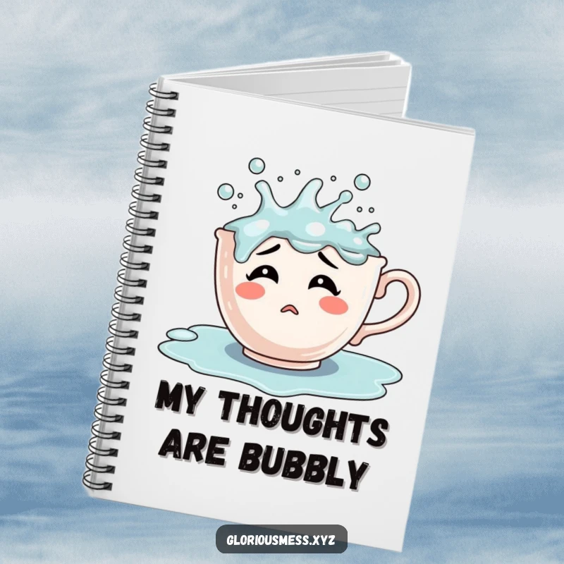 Funny confused teacup character overflowing with bubbling liquid, a notebook with a humorous and charming cover design.