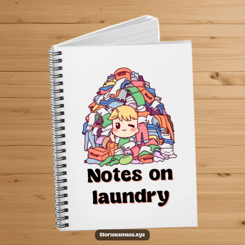 Funny Notebook: Character with a knowing wink points to a laundry pile, a funny gift for note-takers.