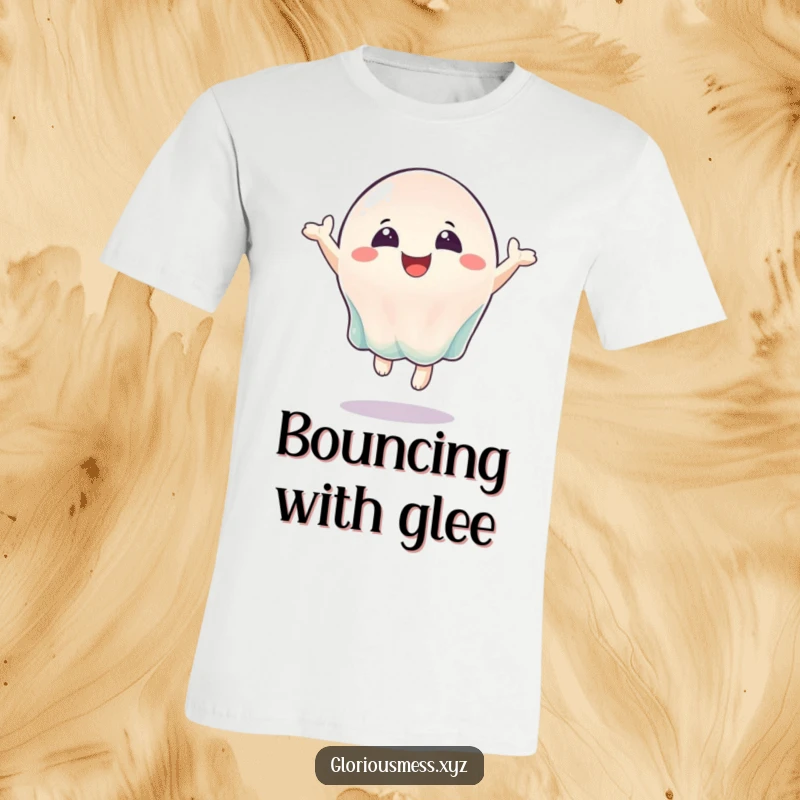 Funny t-shirt featuring a wobbly jelly character in mid-bounce, radiating pure happiness and energetic vibes.