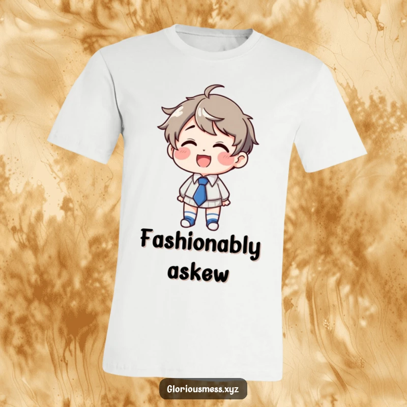 Funny T-Shirt: Character giggling uncontrollably, sporting mismatched socks and a crooked tie, a funny gift.