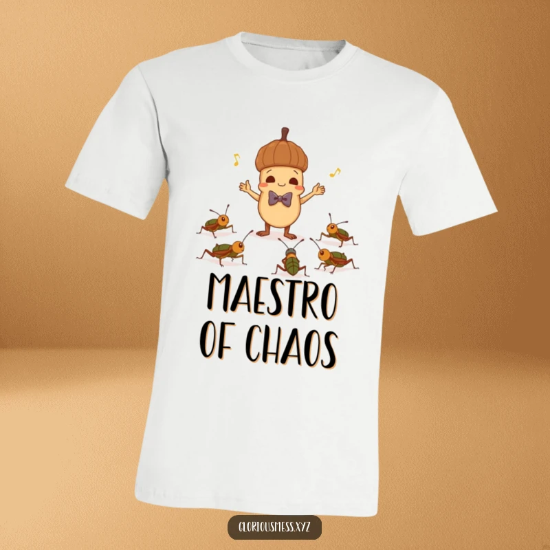 Funny t-shirt depicting a mischievous acorn in a bowtie conducting a chorus of crickets, a humorous ode to nature's music.