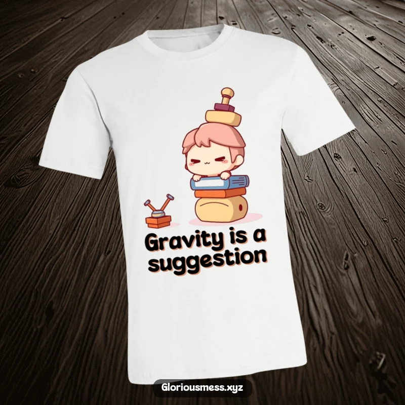 Funny T-Shirt: Mischievous character with a cheeky grin attempting to balance a precarious tower of items, a funny gift.