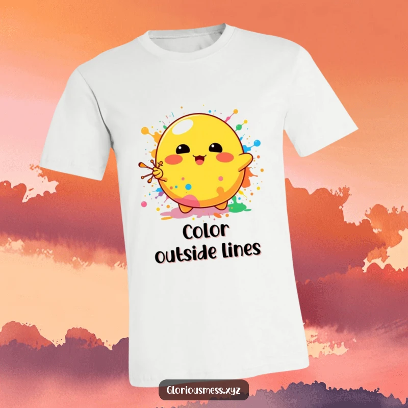 Funny t-shirt showcasing a happy yellow blob character enthusiastically splattering vibrant paint, celebrating messy art and joyful expression.