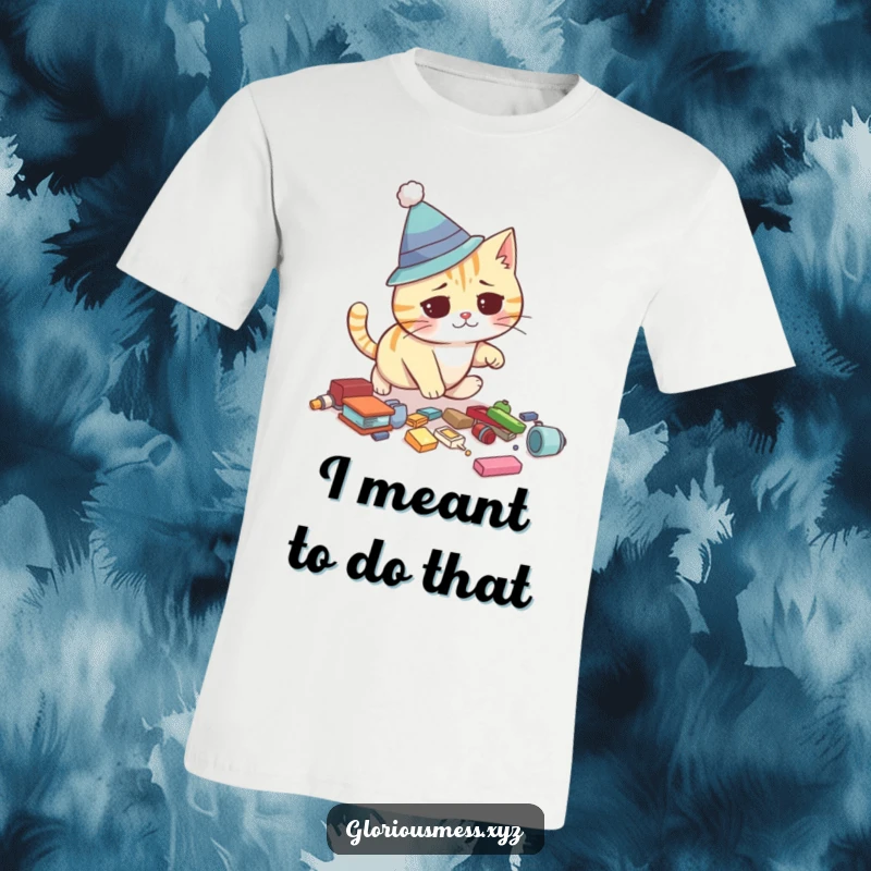 Funny t-shirt featuring a confused cat wearing a silly hat, mid-trip over scattered objects, a humorous and relatable design.