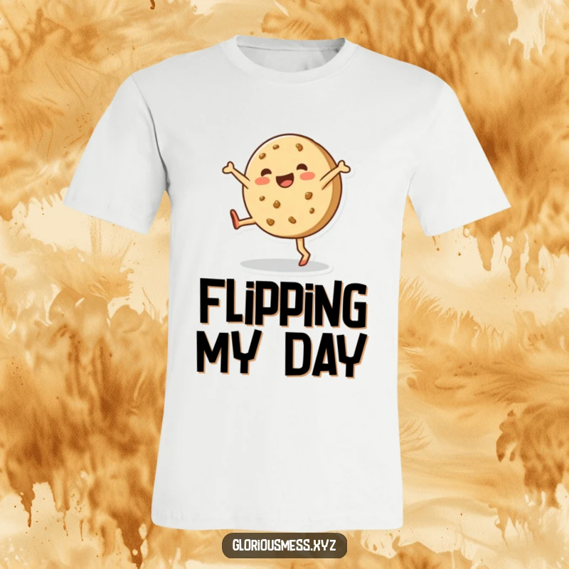 Funny t-shirt showing a happy, lopsided cookie enthusiastically doing a cartwheel, celebrating fun and baked goodness.
