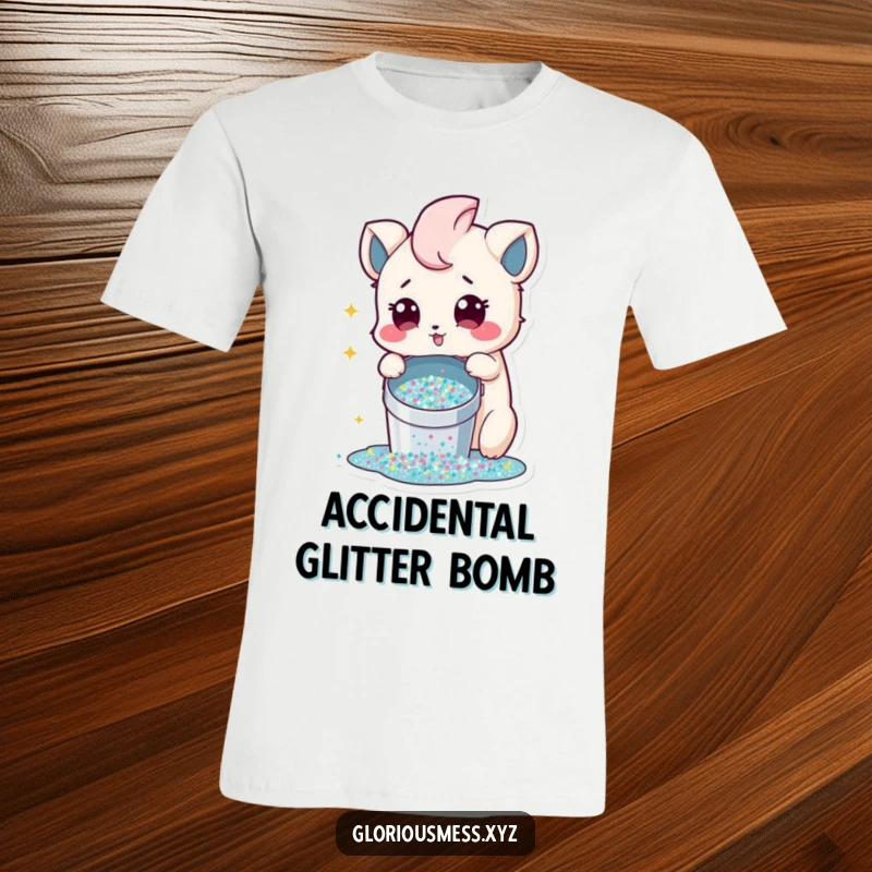 Funny T-Shirt featuring a creature looking innocently surprised after accidentally spilling a large bucket of glitter everywhere.