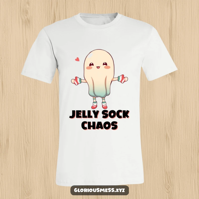 Funny t-shirt depicting a wobbly jelly character in the act of juggling a pile of mismatched socks.