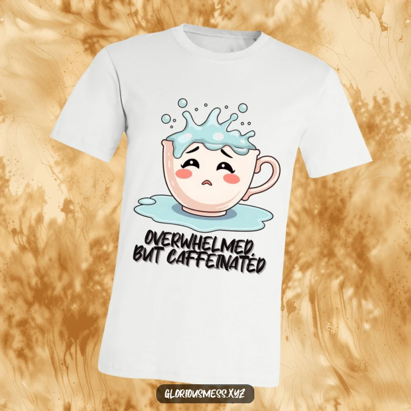 Funny confused teacup character overflowing with bubbling liquid, a quirky and humorous t-shirt for tea lovers.
