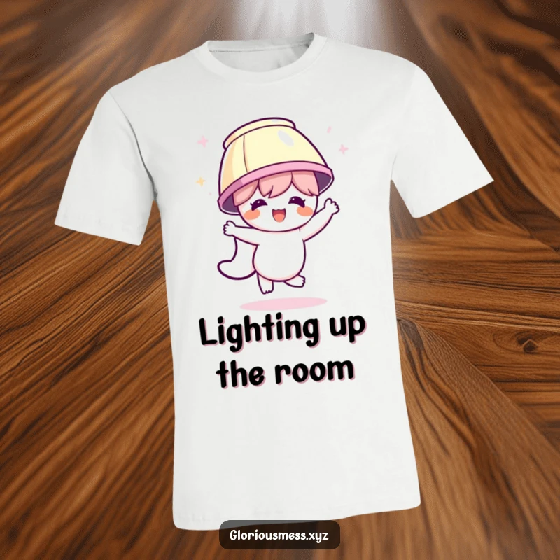 Funny t-shirt with a character enthusiastically dancing, sporting a lampshade on its head, embodying the spirit of wild, uninhibited celebration.