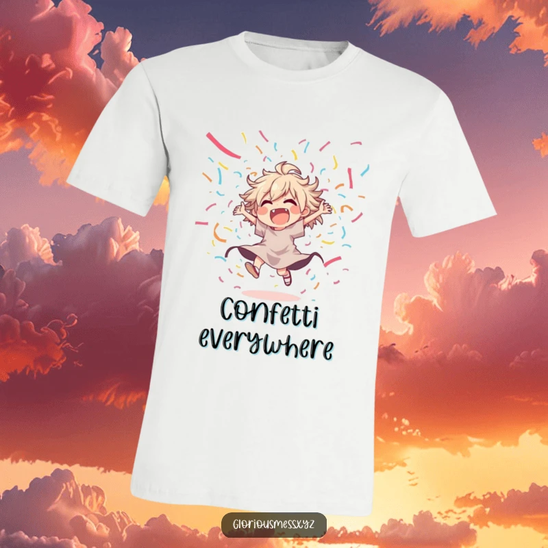 Funny t-shirt featuring a joyful, disheveled character dancing wildly amidst a cascade of colorful streamers, capturing party energy.