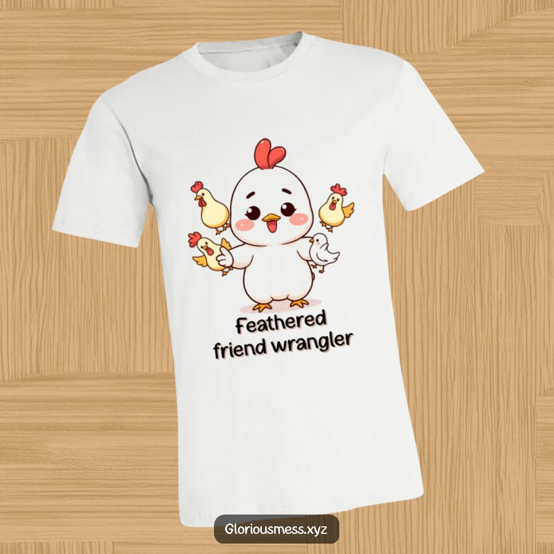 Funny T-Shirt: Character with ink splatters on cheeks, juggling three rubber chickens, a funny gift.