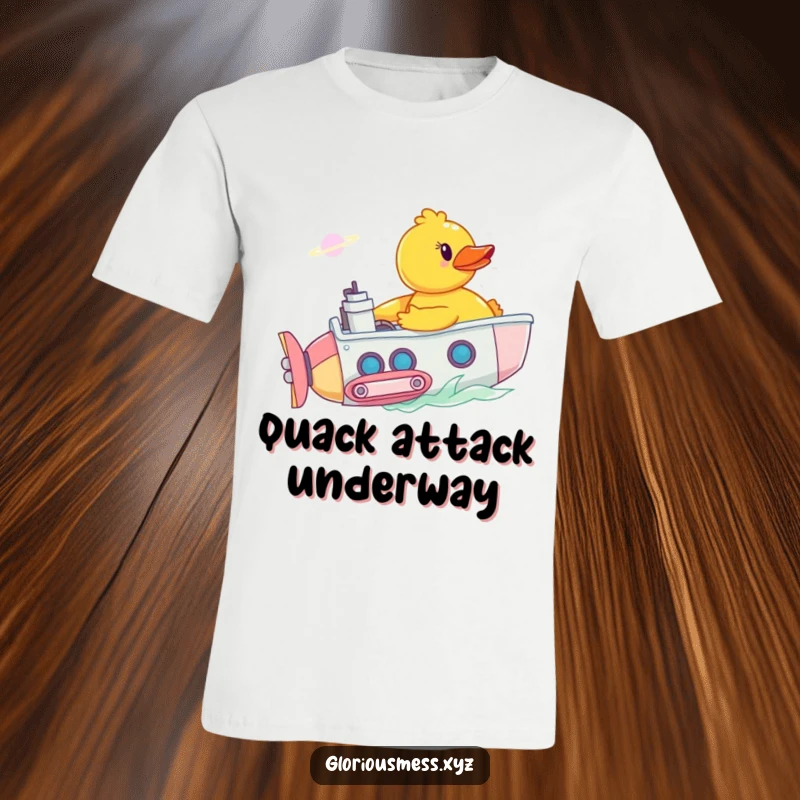 Funny t-shirt depicting a rubber duck heroically piloting a miniature submarine through a fantastical bathtub nebula, celebrating bath time adventures.