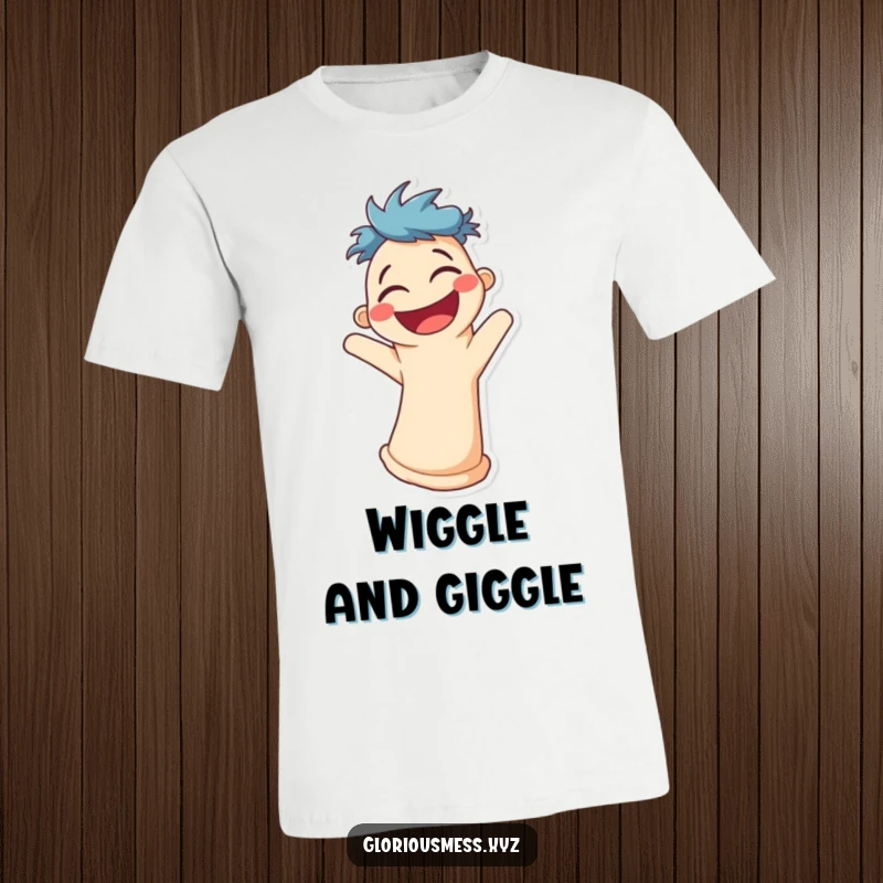 Funny t-shirt showcasing a delighted sock puppet character wiggling uncontrollably with sheer laughter.