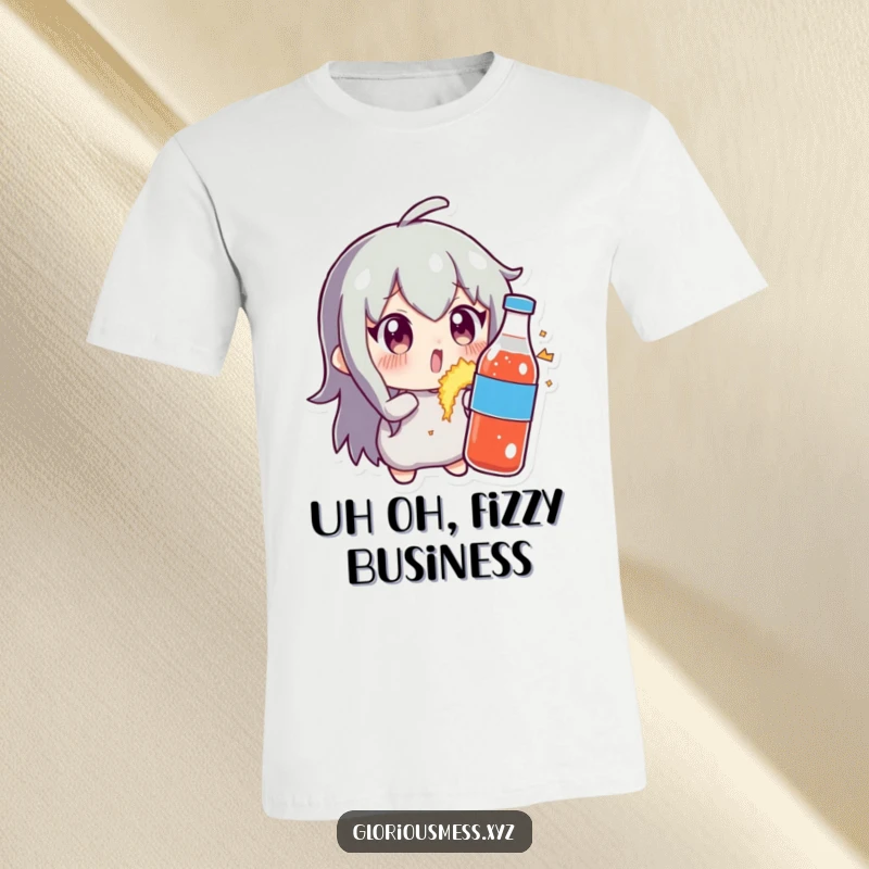 Funny t-shirt showcasing a character’s wide-eyed, panicked expression at a slightly exploding soda bottle, capturing a moment of hilarious, bubbly chaos.