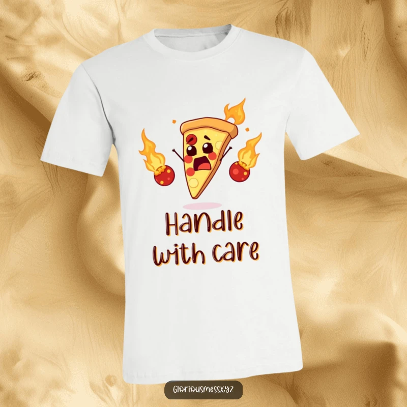 Funny t-shirt depicting a shocked pizza slice juggling burning meatballs, a humorous and fiery statement piece for pizza enthusiasts.