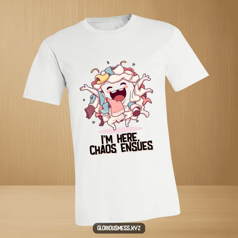 Funny T-Shirt: A sentient pile of laundry humorously doing a wild, energetic, chaotic dance, celebrating mess.