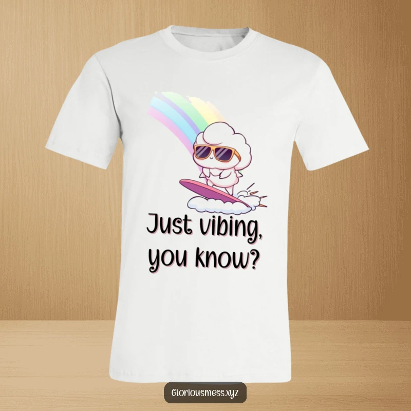Funny t-shirt featuring a fluffy cloud in sunglasses confidently surfing a massive rainbow, radiating a cool and humorous adventurous spirit.