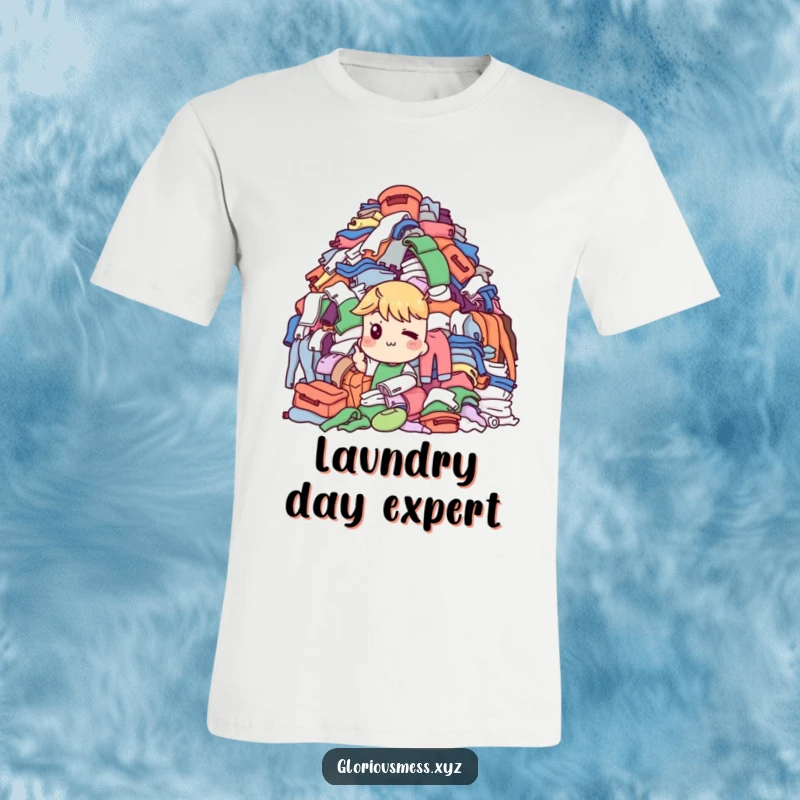 Funny T-Shirt: Character with a knowing wink points at a giant pile of overflowing laundry, a funny gift.
