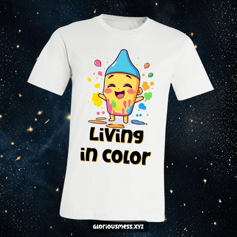 Funny t-shirt showing a giggling crayon character energetically smearing brightly colored paint, embodying artistic freedom.