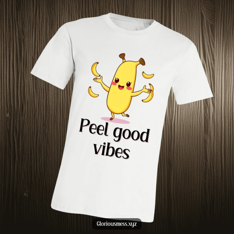 Funny t-shirt with a happy, dancing banana character juggling three smaller bananas, showcasing pure joy and comedy, great funny gift.