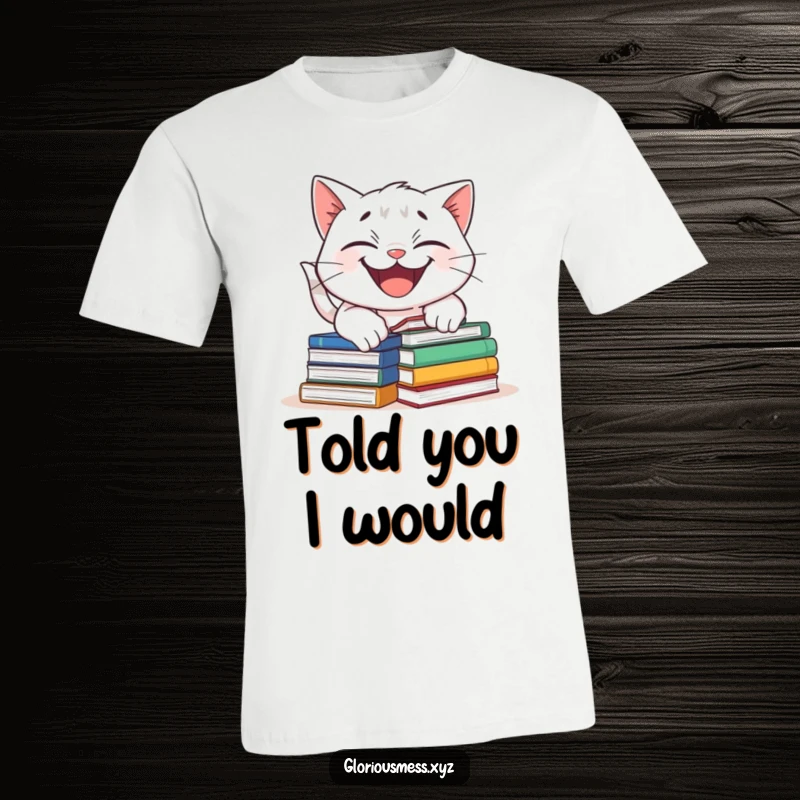 Funny t-shirt showing a grinning cat stumbling over a mountain of books, celebrating literary mishaps and feline curiosity.