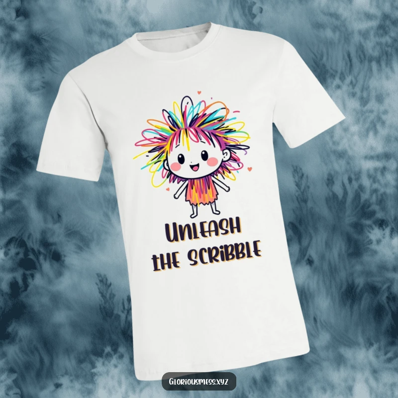 Funny sentient scribble character exploding with colorful energy, a dynamic and artistic t-shirt design for a lively individual.