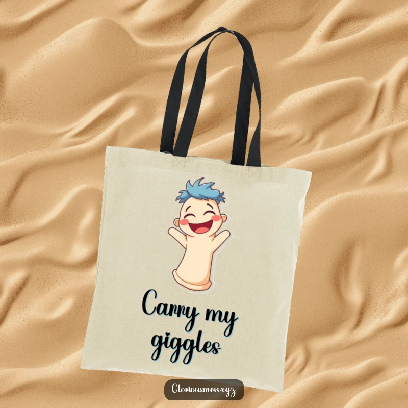 Funny tote bag featuring a smiling sock puppet character wiggling uncontrollably with infectious laughter.