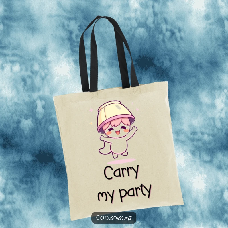 Funny tote bag with a character wearing a lampshade on its head, dancing joyfully, embodying the ultimate party spirit and festive fun.