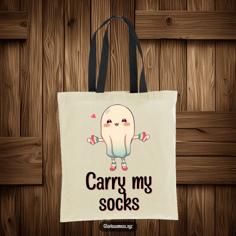 Funny tote bag with a wobbly jelly character juggling various mismatched socks with a comical expression.